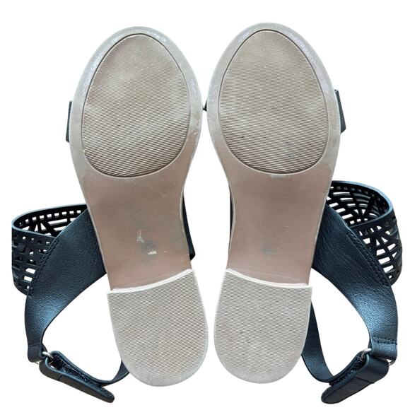 By The Way Size 6 Womens Sandals Black Leather Laser Cut Design 1.5 inch heel - Picture 5 of 6